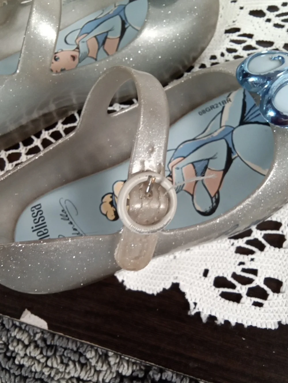 Mini Melissa Silver Glitter Mary Jane Shoes with Blue Heart Cinderella Size 8